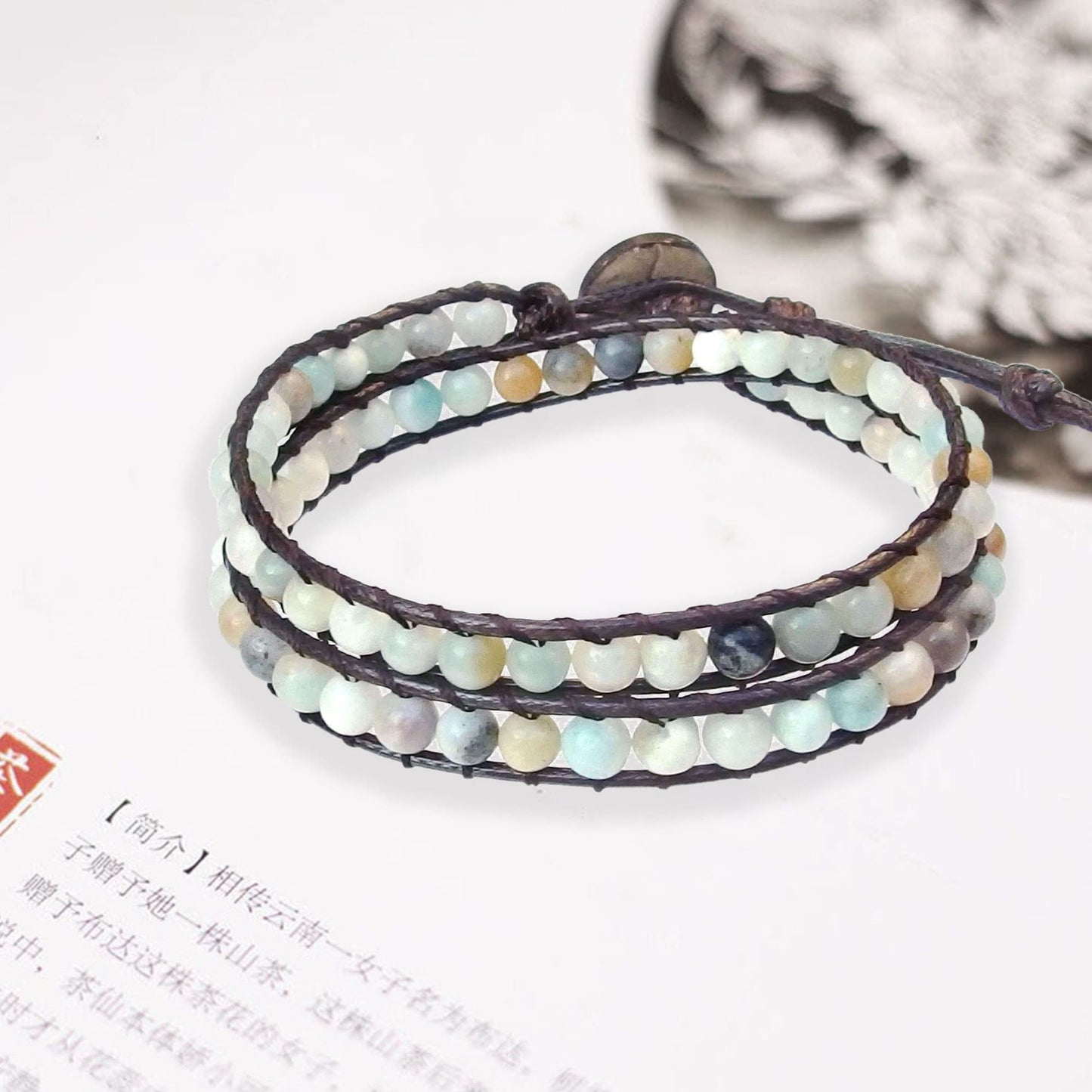 Ayriwoyi Blue Amazonite Bracelet Wrap Bracelets for Women Natural Beaded Stone Leather Wrap Bracelets for Women Bohemian Bracelet