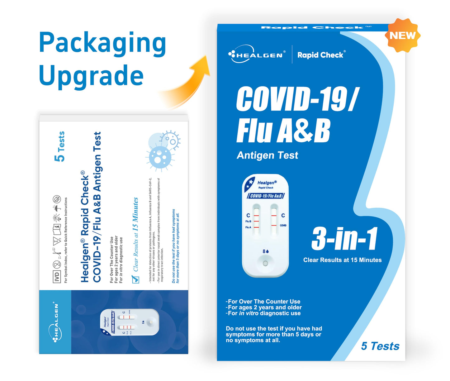 Healgen Rapid Check COVID-19, Flu A&B Antigen Test Kit, The First FDA Authorized OTC 3-in-1 Flu & COVID Home Test, Easy to Read Dual Windows, Results in 15 Mins, 5 Test