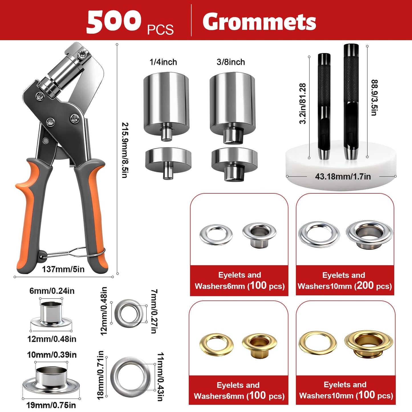 SBGGRL Grommet Kit of 1/4" and 3/8" Punch with 500 Pcs Metal Eyelets,Handheld Heavy Duty Eyelet Pliers Rivet Press Tool Set for Tarps Leather Crafts Fabric Tents Canvas