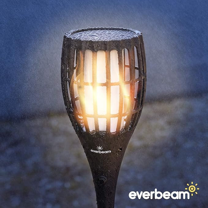 Everbeam P1 Solar Torch Light with Flickering Flame - Our Waterproof Outdoor Solar Tiki Torches Come Equipped with 96 LED Bulbs That Create A Stunning Realistic Fire Effect - 4 Pack