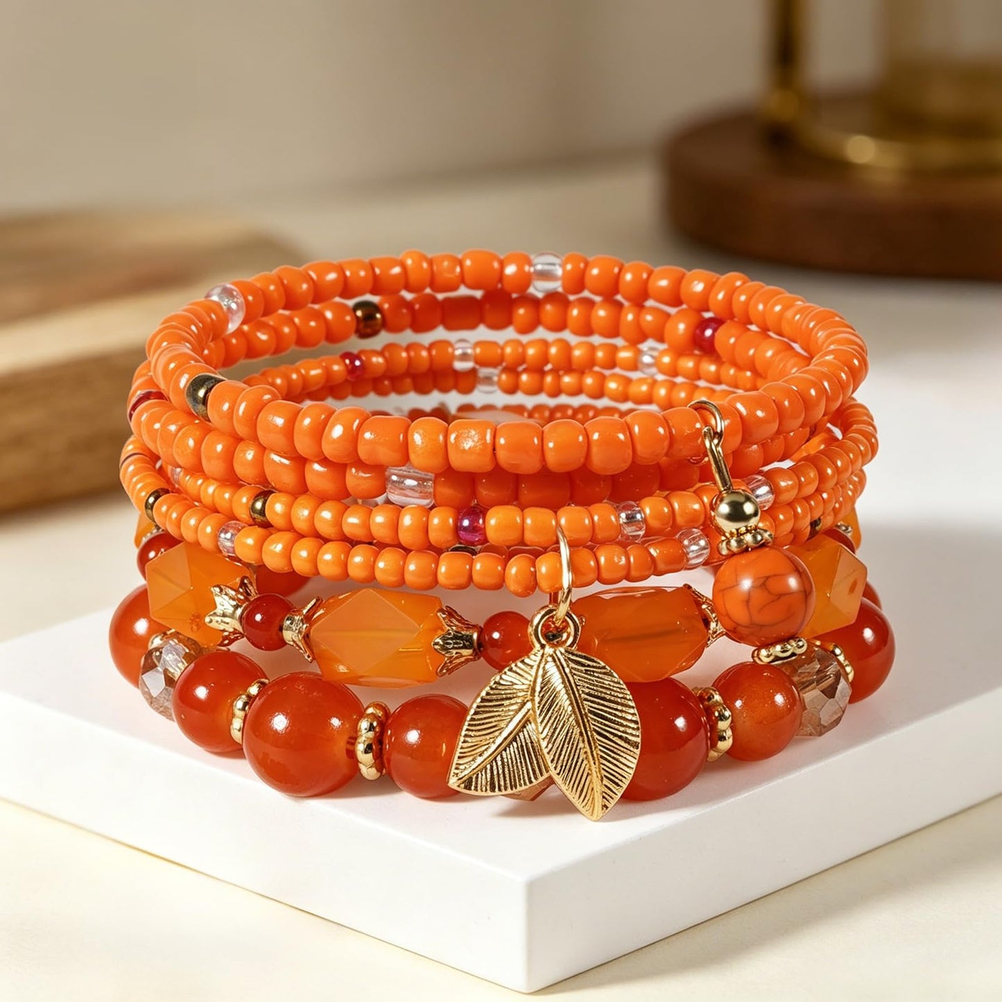 Briutn Bohemian Orange Stackable Beaded Bracelet Set for Women Stretch Bead Bracelets Orange Jewelry Summer Beach Accessories