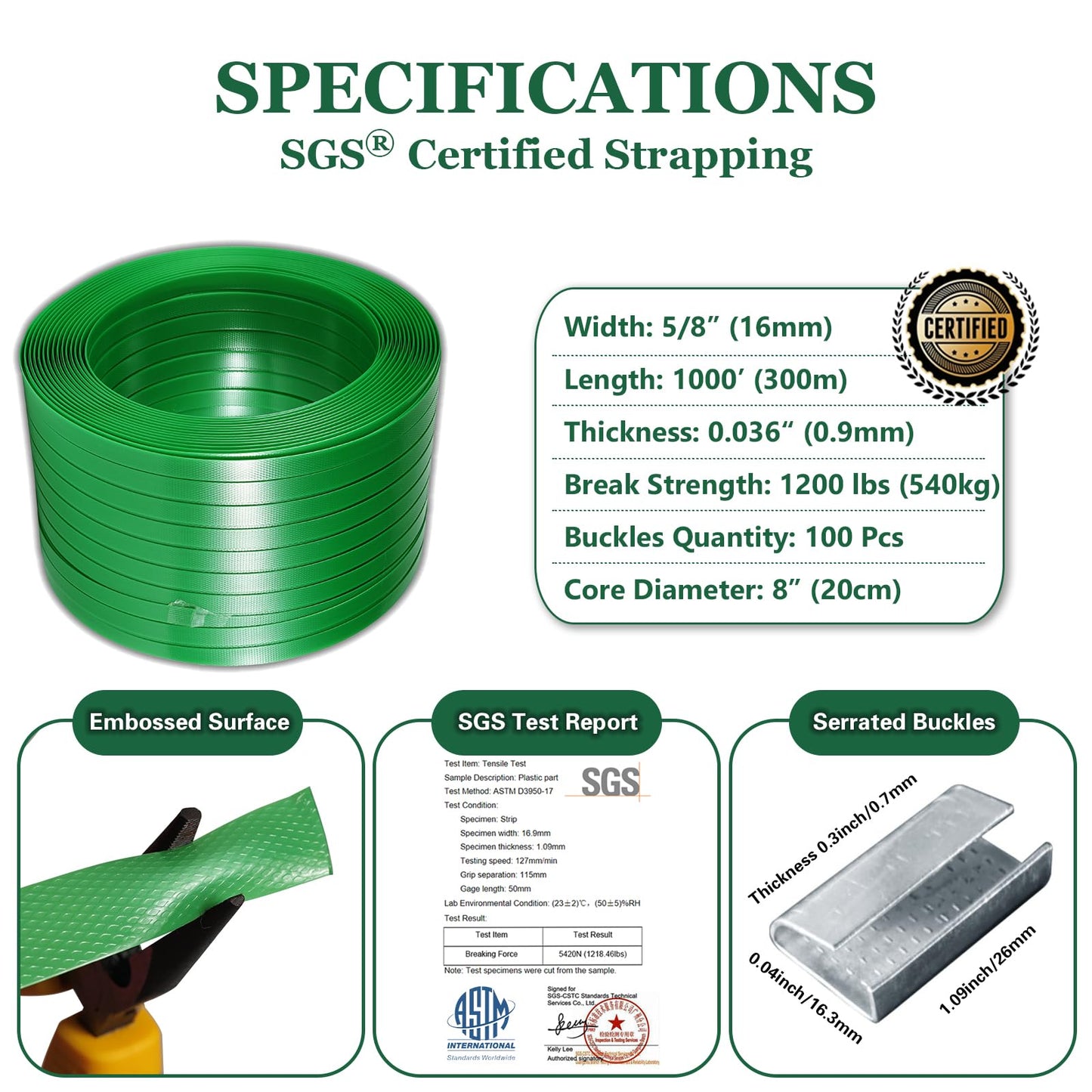 WCM Strapping Banding Strapping Kit, Pallet Strapping Kit, Packaging Banding Tool with 5/8" Width, 1000' Length Polyester Strapping Coil Roll and Dispenser Box – Heavy Duty Certified 1200 lbs Break