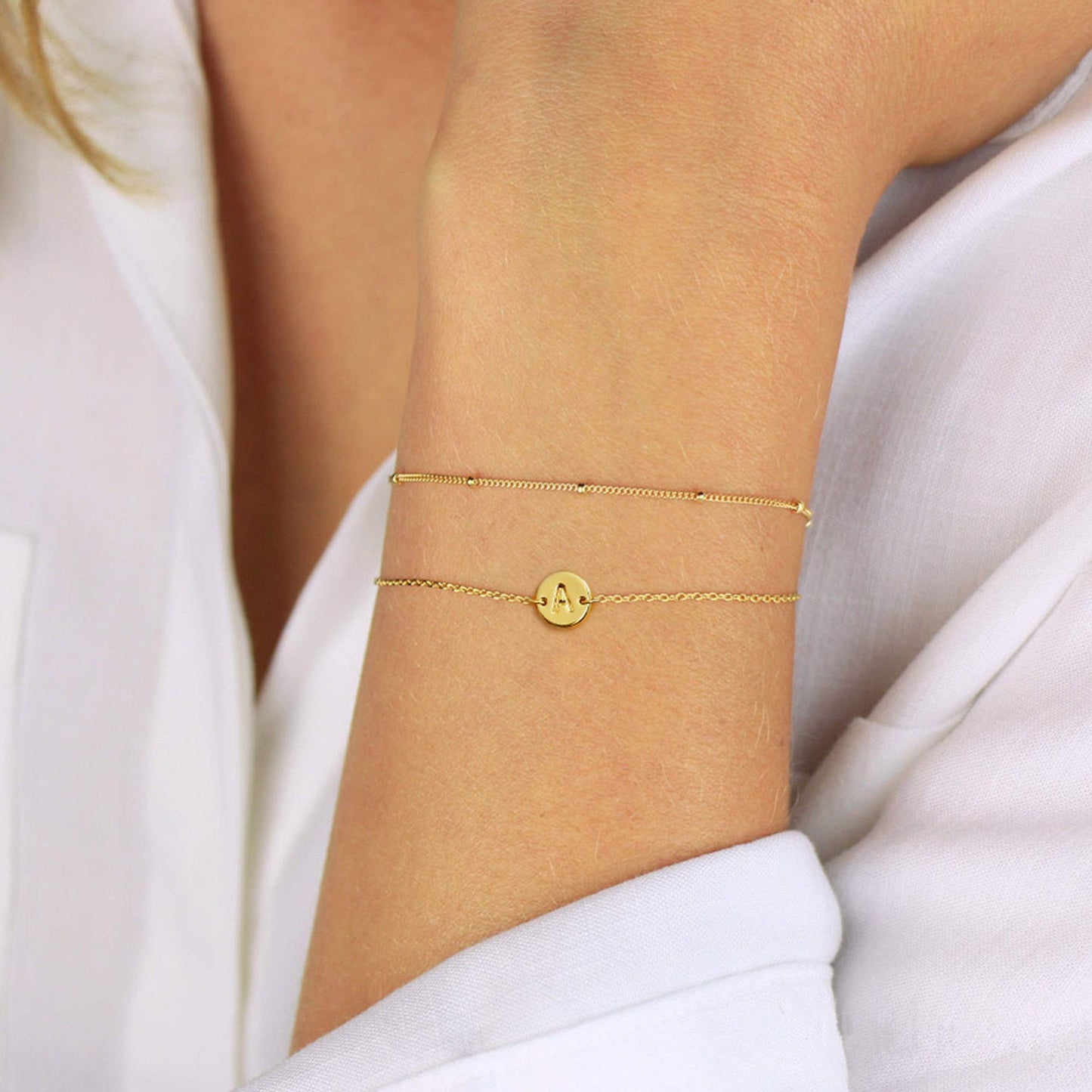 MONOZO Gold Initial Bracelets for Women, Dainty 14K-gold-plated Layered Beaded B Letter Initial Bracelet Personalized Alphabet Disc Monogram Charm Bracelet Jewelry Gifts