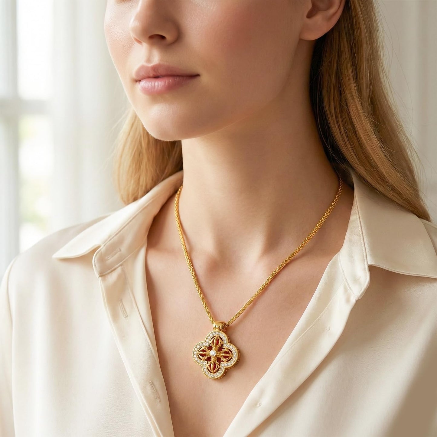Tessalyn 18K Gold Plated Four Leaf Clover Necklace for Women, Cubic Zirconia Charm Pendant, Adjustable Chain for Everyday & Special Occasions
