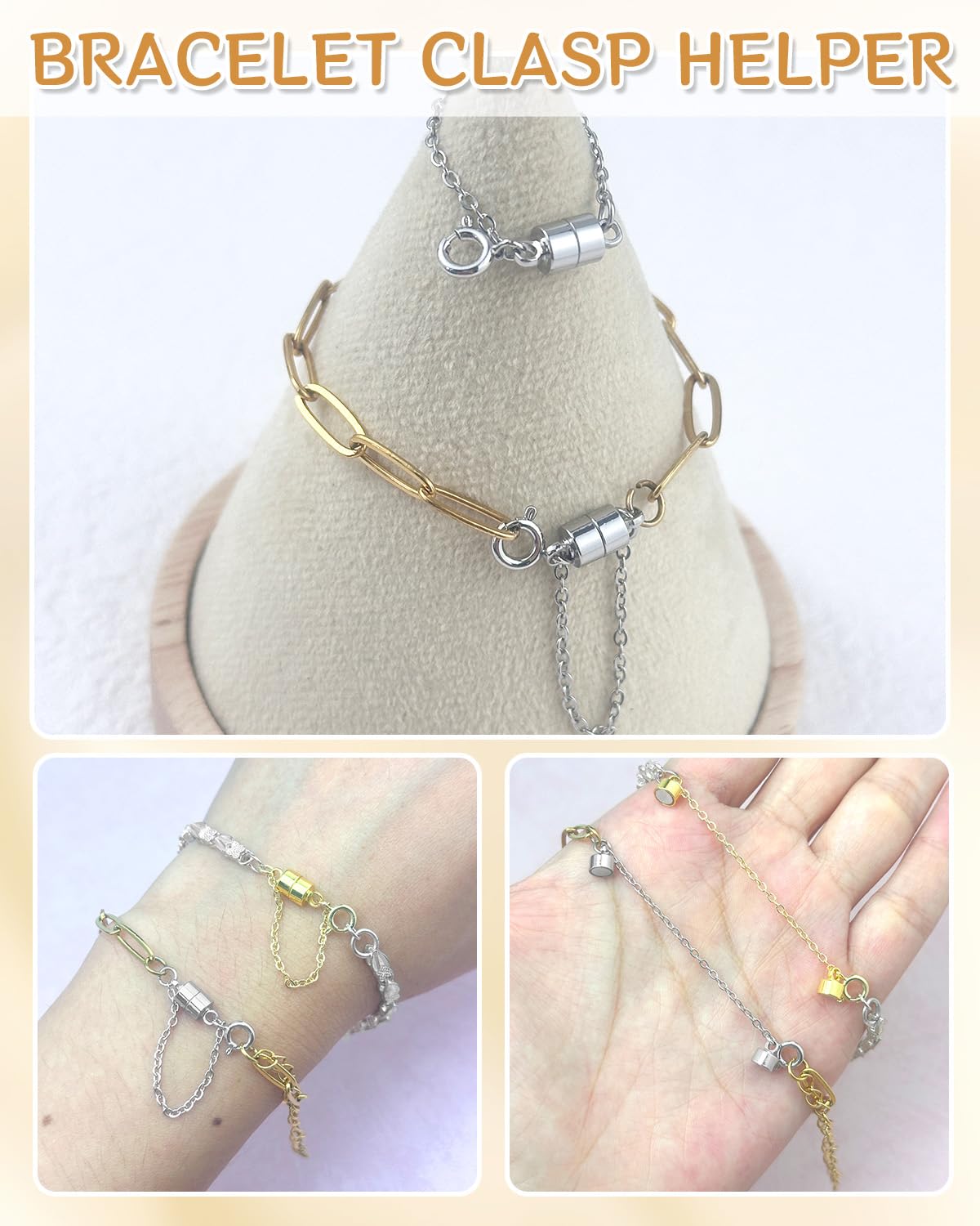 MKCYD 8Pcs Magnetic Bracelet Clasps and Closures with Safety Chain Never Fall Silver Bracelet Extender Converter Magnetic Clasps for Women