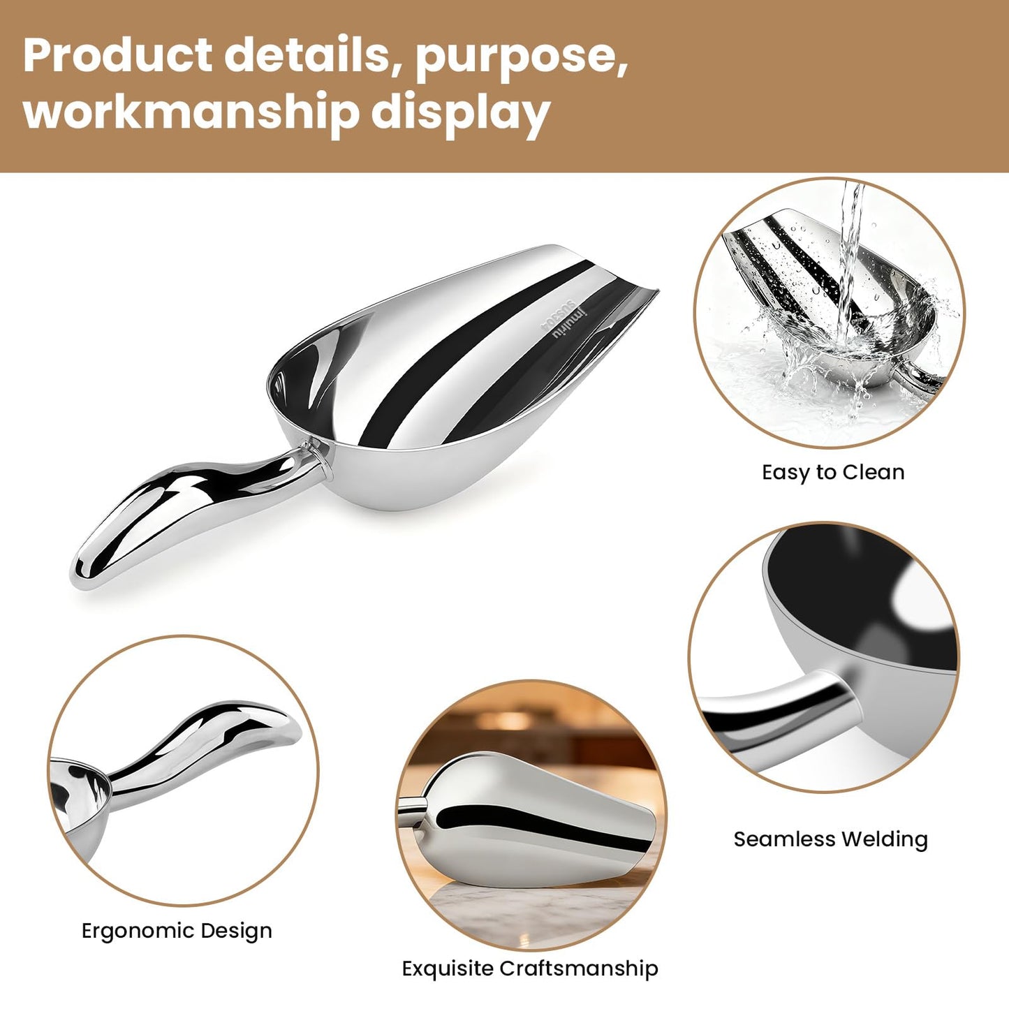 12 Oz 304 Stainless Steel Ice Scoop for Freezer & Ice Machine 2 Pack– Heavy Duty Metal Scooper, Dishwasher Safe, Multi-Purpose for Kitchen, Bar, Party, Wedding (Ice,Dry Goods) (Polished silver)