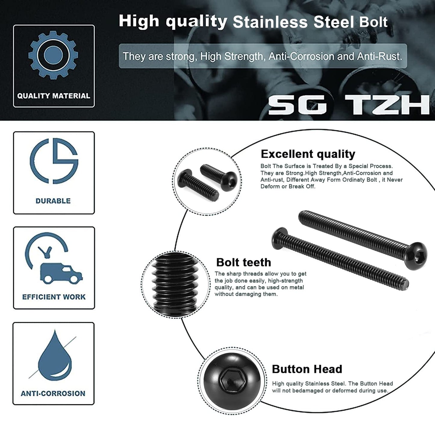 3/8-16 x 2 Button Head Socket Cap Bolts Screws, 20Pcs 304 Stainless Steel 18-8, Allen Hex Drive, Black Oxide by SG TZH(with Hex Spanner)