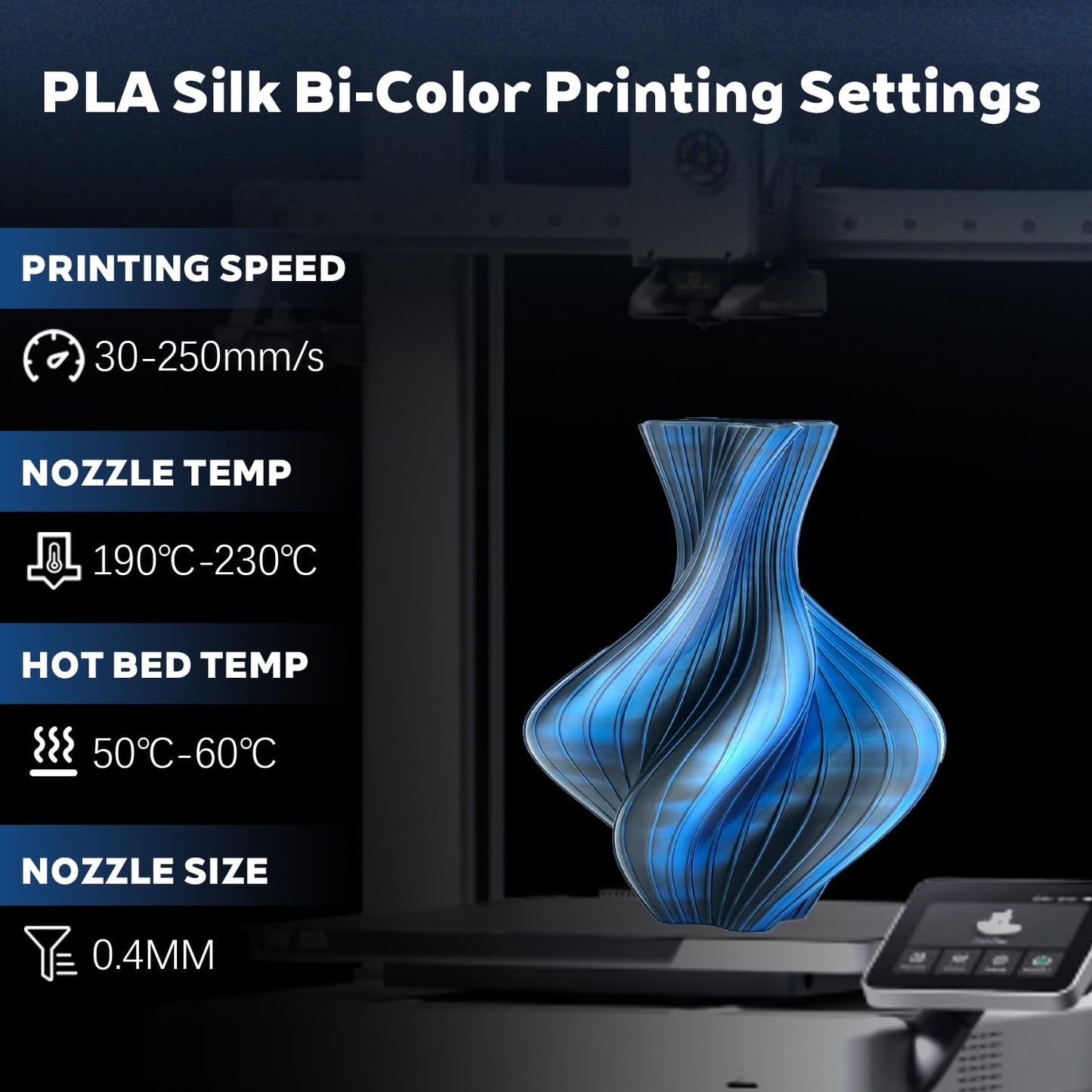 3D Printer Filament Silk Dual Bi Color Blue Black, Coextrusion 1.75mm PLA Filament with Shiny Silk Rainbow, 1kg (2.2lbs) Spool Neatly Wound Smooth Color Transition 3D Printing Rods