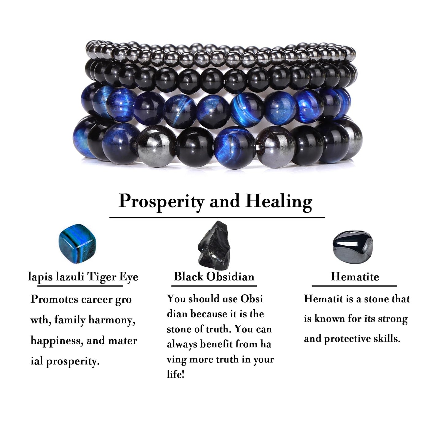 Vinswet 4pcs Natural Stone Beaded Bracelets for Women Men,Healing Crystal Gemstones Stretch Bracelet,4mm 6mm 8mm 10mm lapis lazuli Tiger Eye Black Obsidian Hematite Anxiety Stress Relief Bracelet Jewelry Gifts