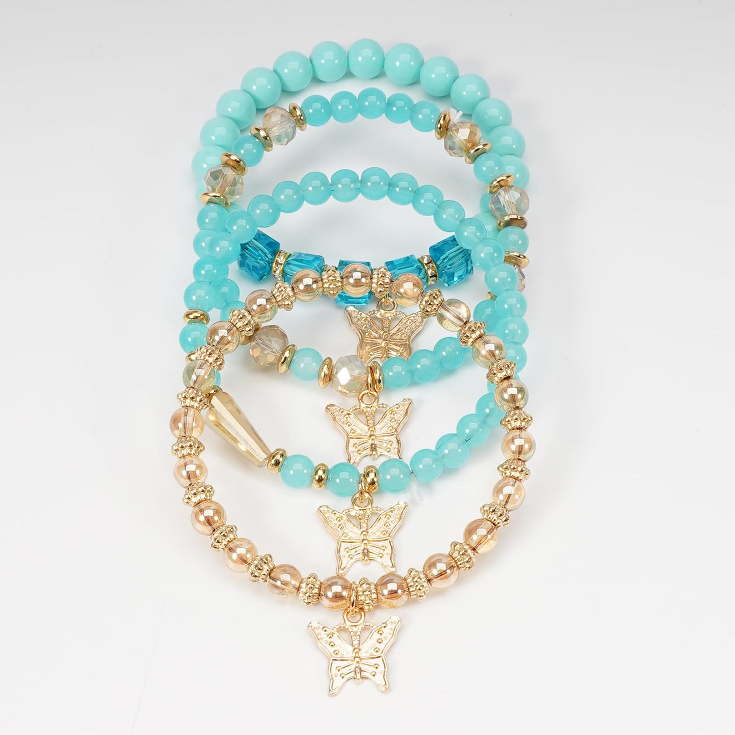 Briutn Bohemian Stackable Beaded Bracelets for Women 4 Layer Blue Gold Butterfly Charm Stretch Bracelet Boho Jewelry Gift