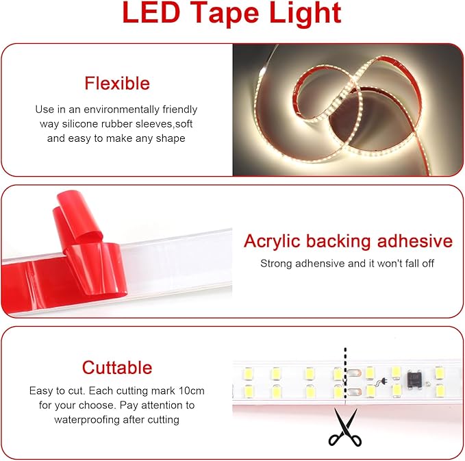 LED Rope Lights AC 110V LED Strip Lights Outdoor Waterproof 32.8ft 240LEDs/m 4000K White Lightings IP65 Cuttable Tape Lights for Indoor Closet Kitchen Cabinet Lights