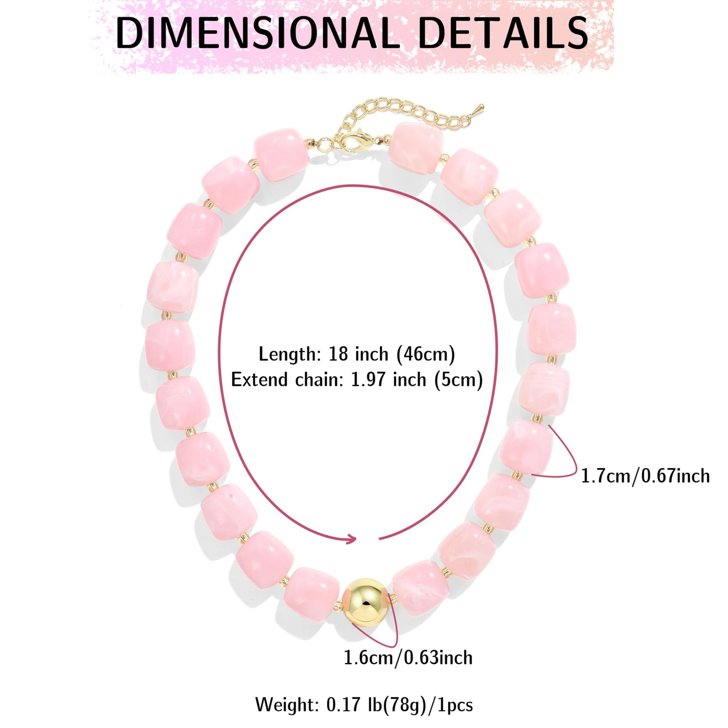 BREPINE Pink Chunky Necklaces for Women Multicolored Large Square Resin Beads Necklace Trendy Bold Statement Beaded Summer Candy jelly Vacation Choker