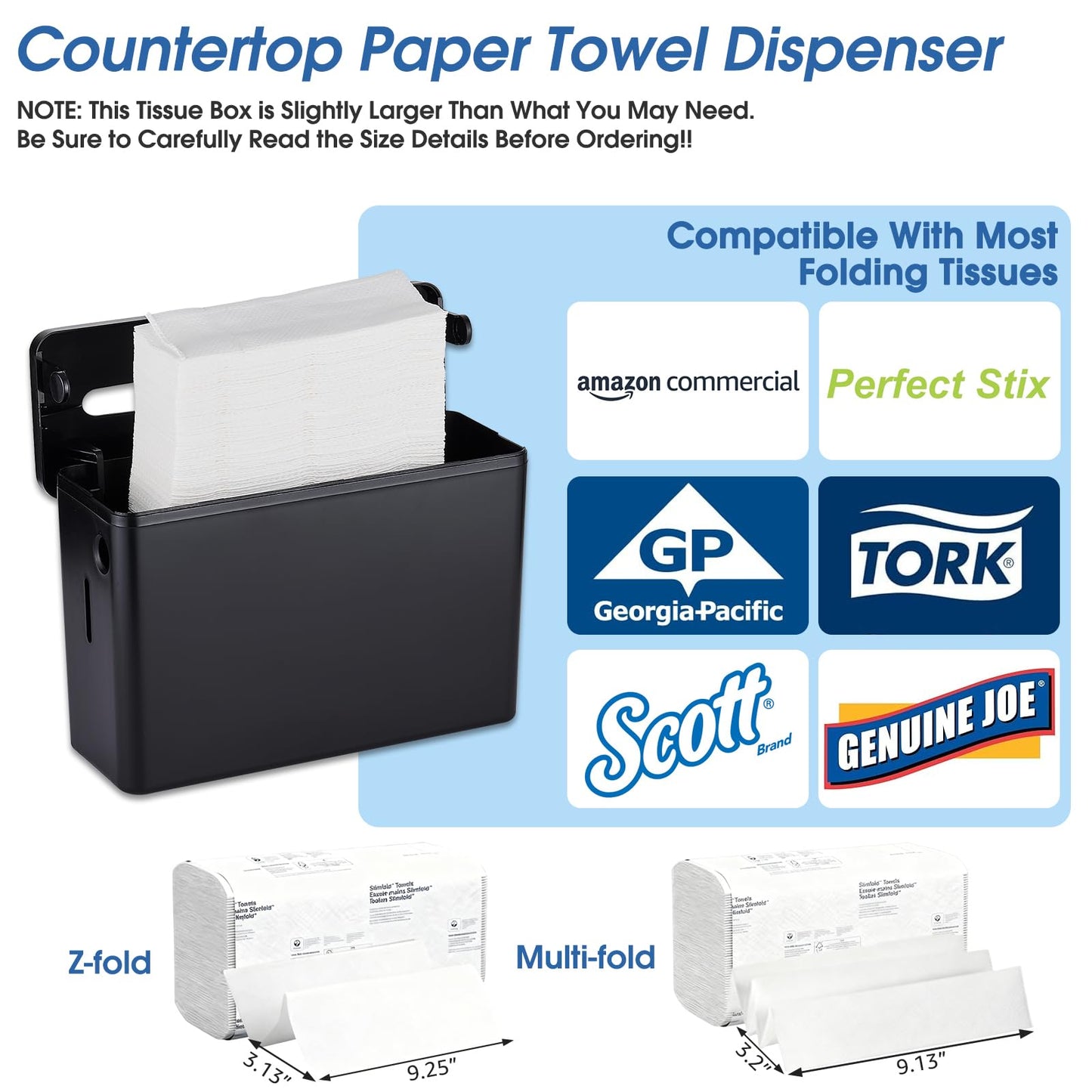 Countertop Paper Towel Dispenser, Large Capacity, Non-Slip Base, Compatible with Multifold, C-Fold & Z-Fold Towels, Ideal for Bathroom, Kitchen, Commercial & Office Use, Durable ABS Construction