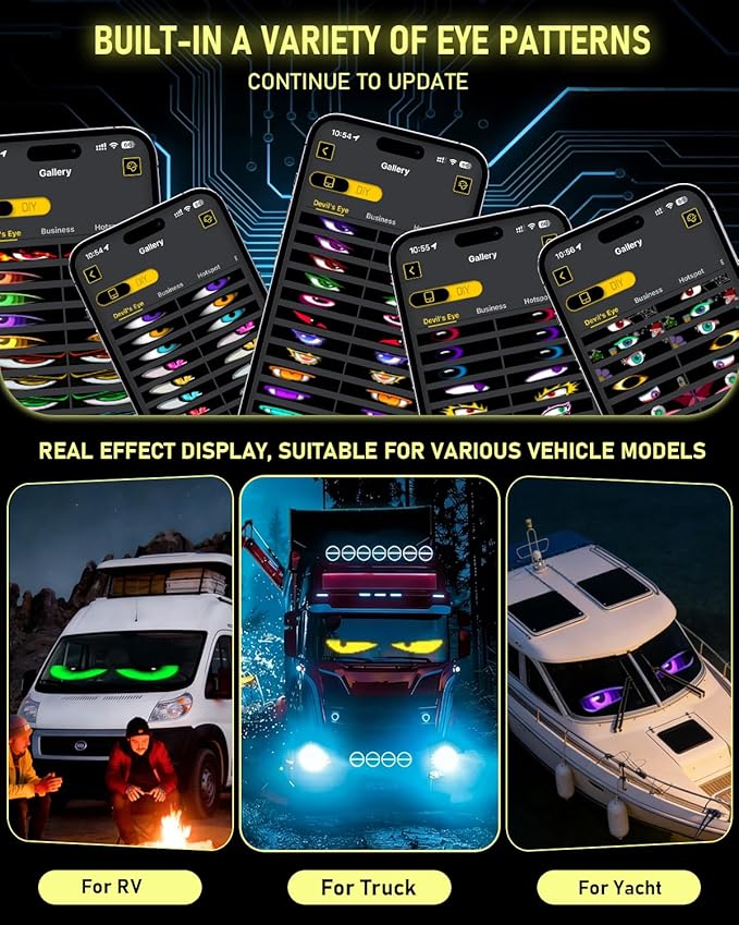 LED Devil Eye Lights for Windshield 35.3"x7.5"[2PCs], Dual Screen Sync with APP & Remote Control, Windshield Eyes Animated, USB-Powered, Programmable Evil Eyes for Big Car Truck RV Window