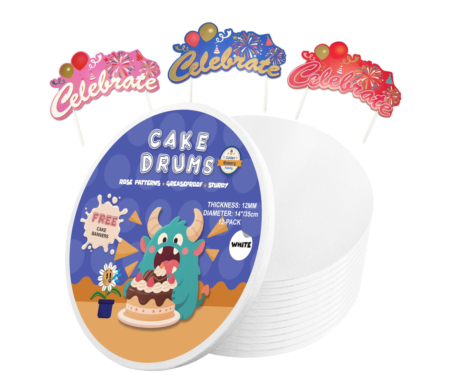 GoldenBakeryFamily 14 Inch Cake Drums,Smooth Edge Cake Board Round White(12-Pack) 1/2 Inch Thick,Sturdy Cake Boards for Birthday Wedding Heavy or Multi-Tiered Party Cakes