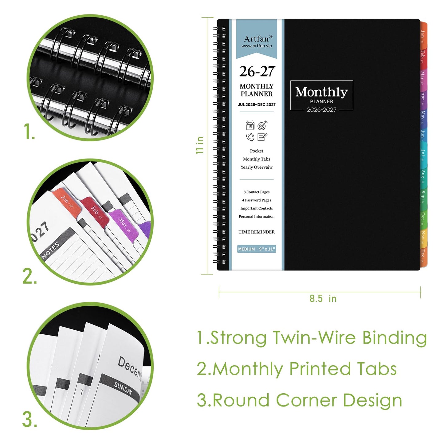 Monthly Planner 2026-2027 - Academic Planner 2026-2027, JUL. 2026 - DEC. 2027, Calendar planner with Colorful Tabs, 8.5" x 11", 26-27 Monthly planner/Calendar with Pocket, Thick Paper, Twin-Wire Binding - Black