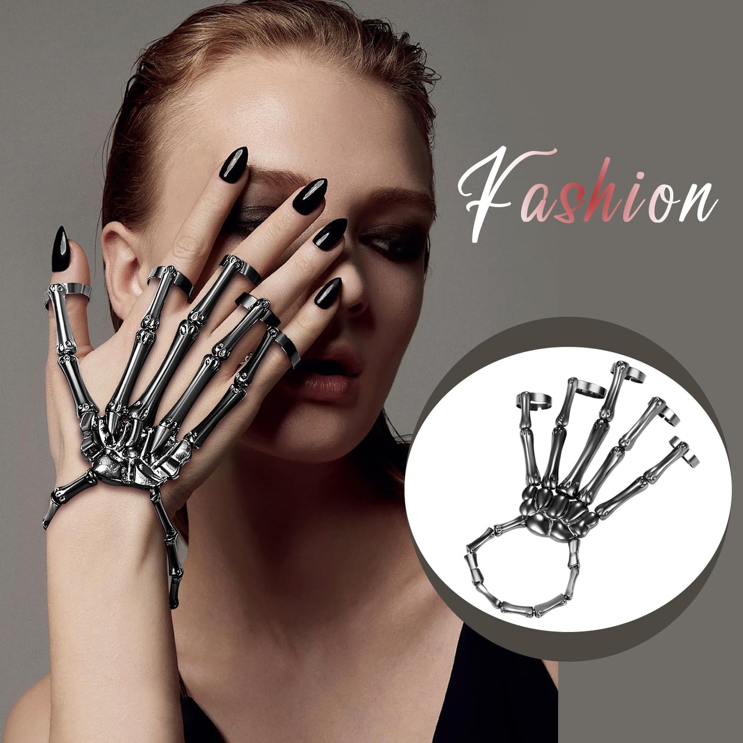 Cupimatch Women Halloween Skeleton Bracelet: Gothic Claw Hand Chain with Ring Punk Costume Jewelry