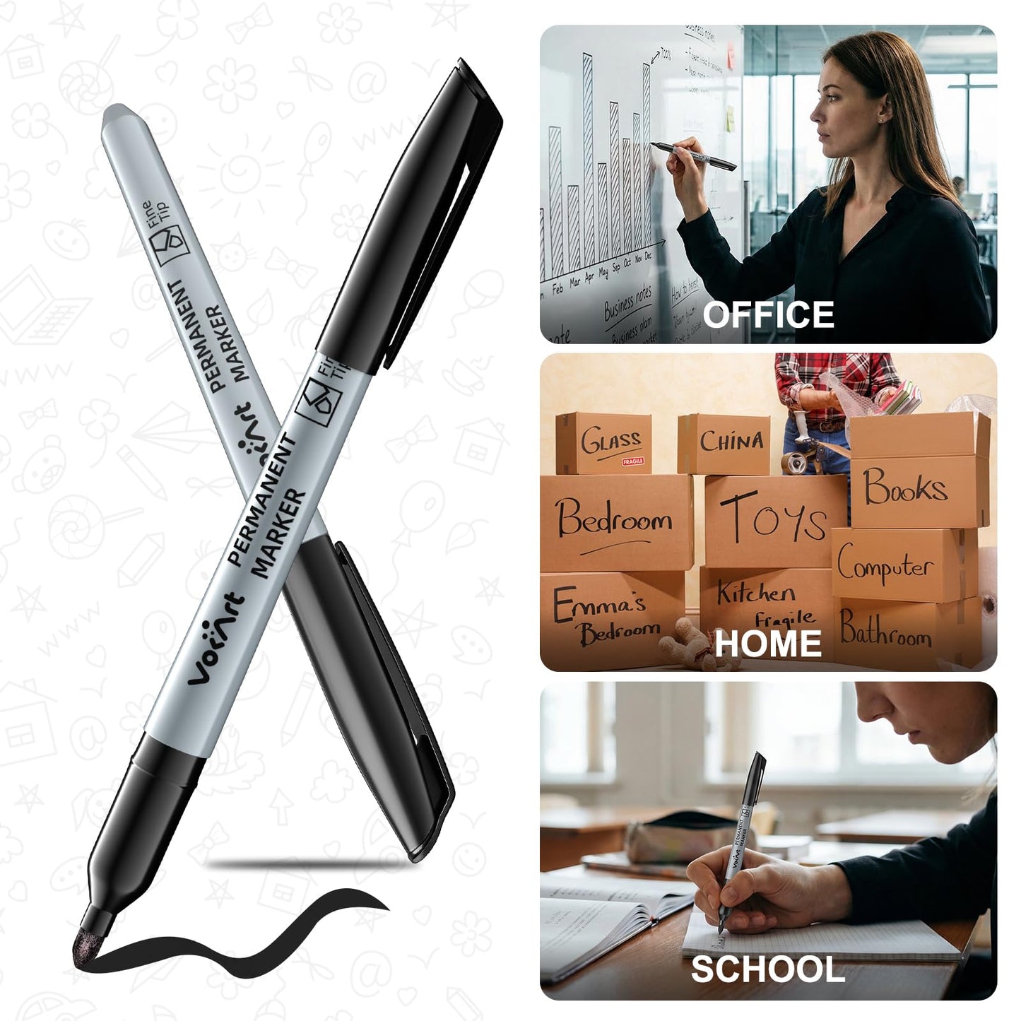 VOKART Permanent Markers Bulk, 150 Pack Black Permanent Markers, Thin Fine Point Tip for Office & Moving Supplies, Quick-Dry & Waterproof Ink Marker Pens for Moving Boxes, Labeling & Industrial Use