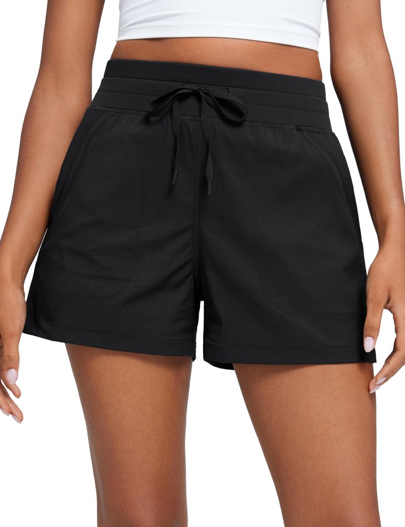 CRZ YOGA Lightweight Casual Shorts for Women 3.5" - High Waisted Linerless for Athletic Lounge Hiking with Zip Pockets Black Medium
