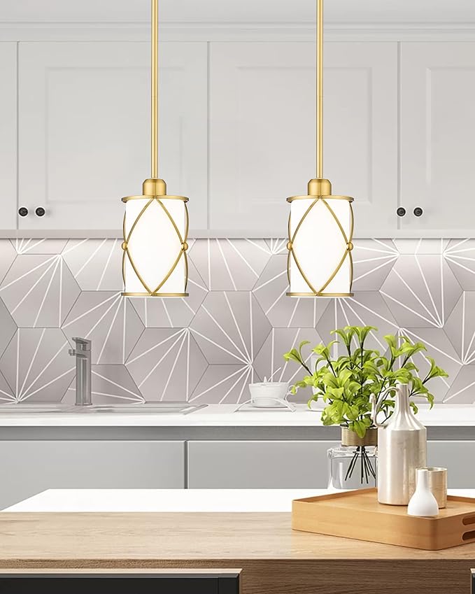 Brushed Gold Pendant Lights Kitchen Island, Modern 2 Pack Pendant Light with Frosted Glass, Farmhouse Mid Century Pendant Lighting for Dining Room, CH9176BGW-2PK