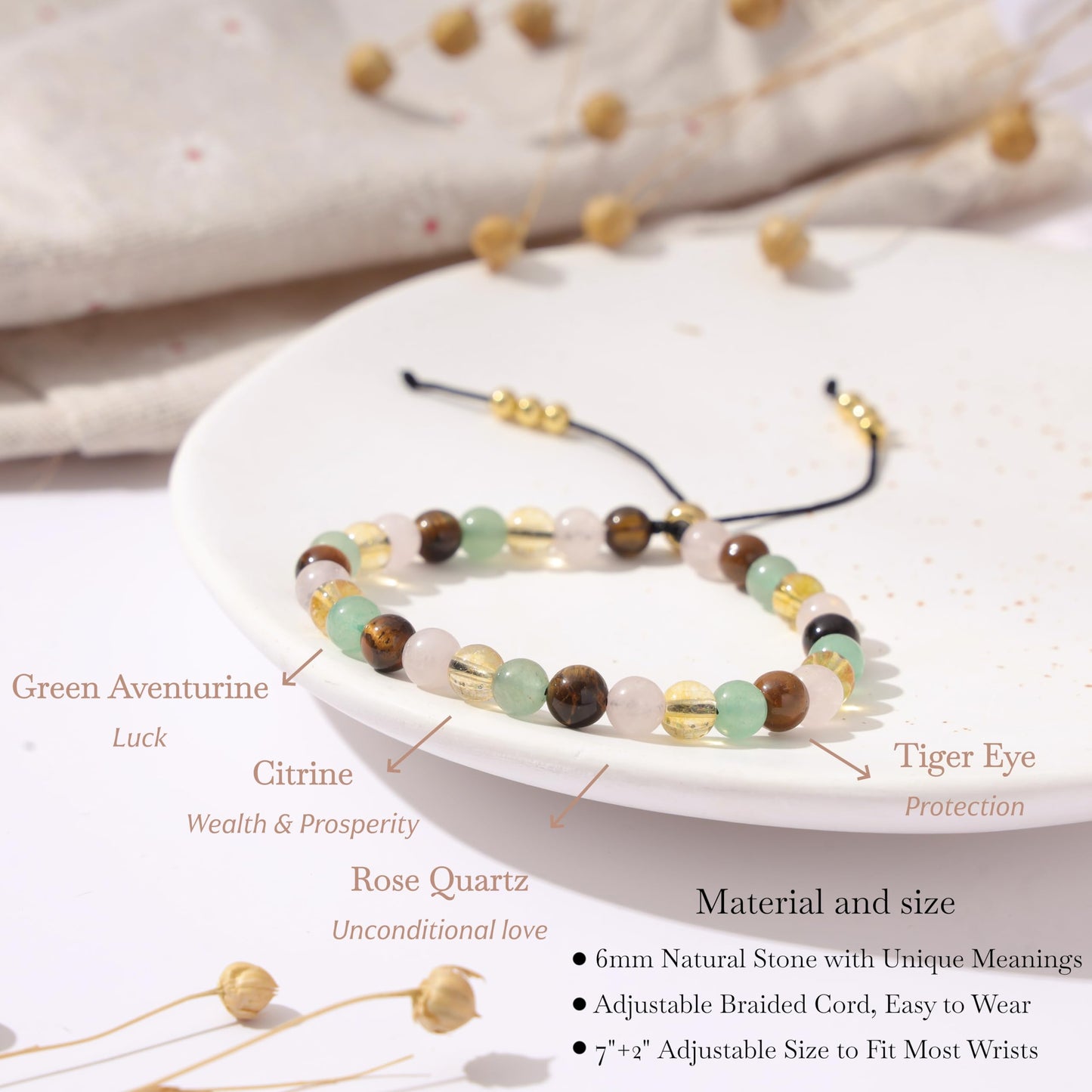 NUKAYAI Good Luck Bracelet for Women Gifts Crystals Karma Luc Vibes Only Rose Quartz Citrine Tiger Eye Green Aventurine Jewelry Natural Stones Teens