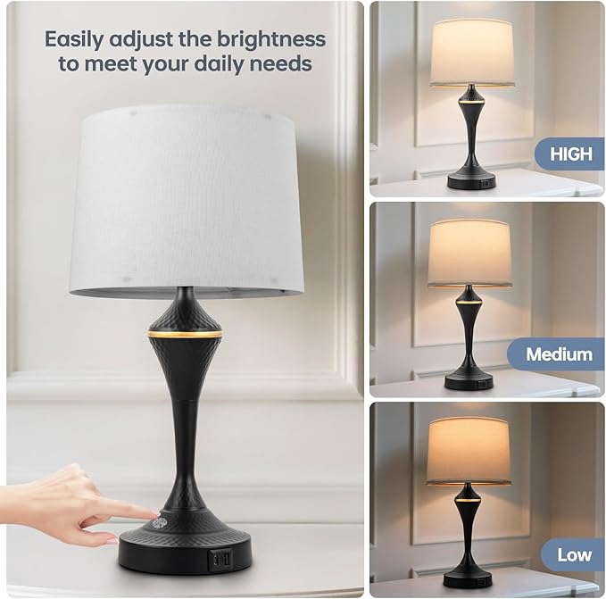 2 Pack Modern Touch Control Table Lamps with USB-C & USB-A Ports, 3-Way Dimmable Bedside Lamps, E26 Base Bulbs Included, for Bedroom Living Room, (Black)