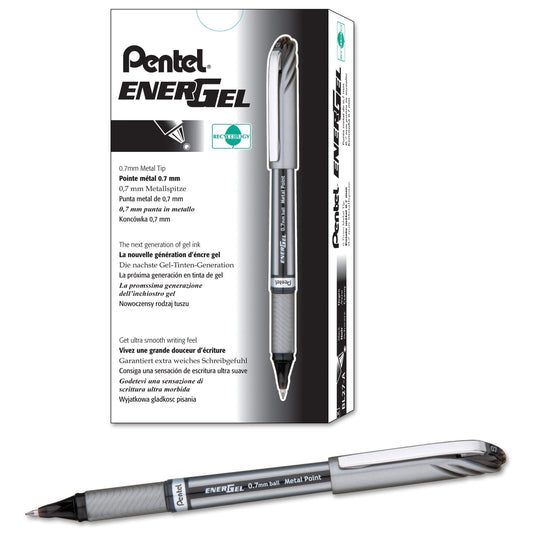 Pentel EnerGel NV Liquid Gel Pen, (0.7mm), Medium Line, Capped, Metal Tip, Black Ink, Box of 12 (BL27-A)