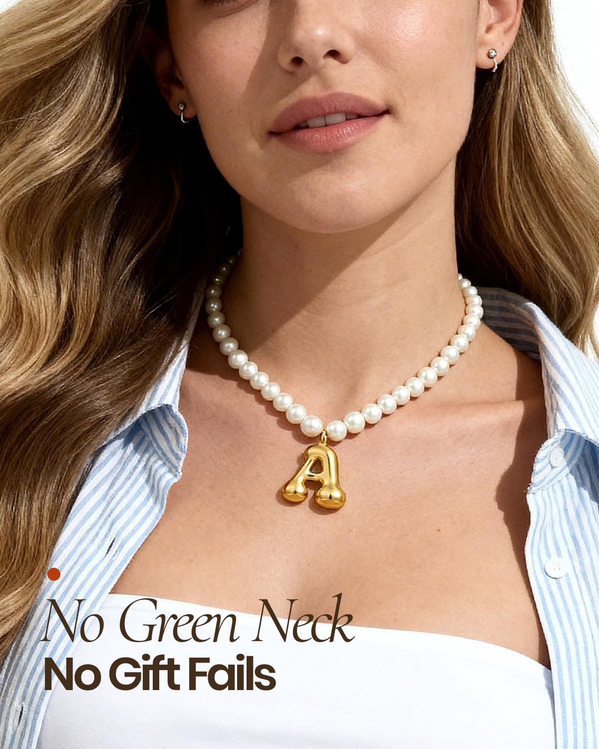 DoDoBeads Pearl Initial Necklace, 18K Gold Plated Stainless Steel Balloon Letter Pendant K, Non-Tarnish Waterproof Chunky Monogram Jewelry Gifts for Women Teens
