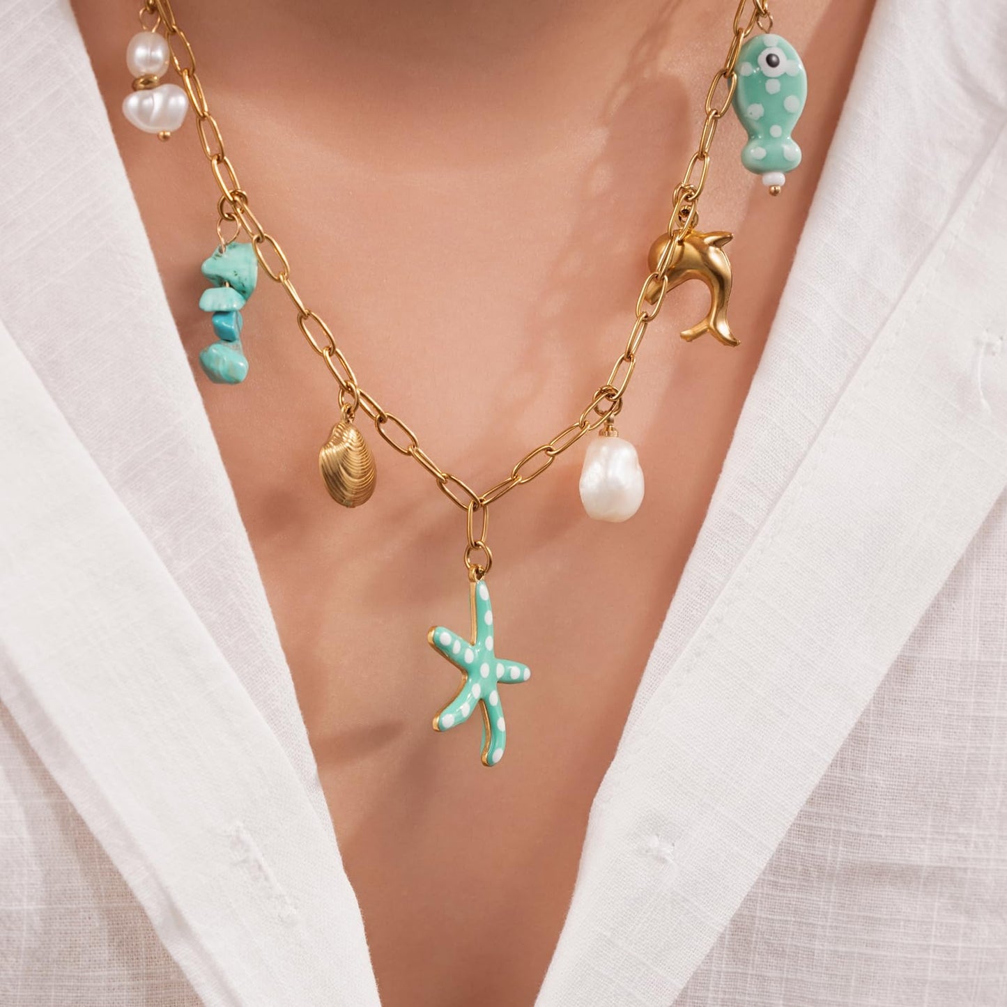 Chunky Gold Necklace Statement Boho Beach Ocean Summer Stainless Steel Jewelry Shell Starfish Turquoise Dolphin Pearl Sun Flower Wave Heart Fish Charm Choker Necklaces for Women(Teal)