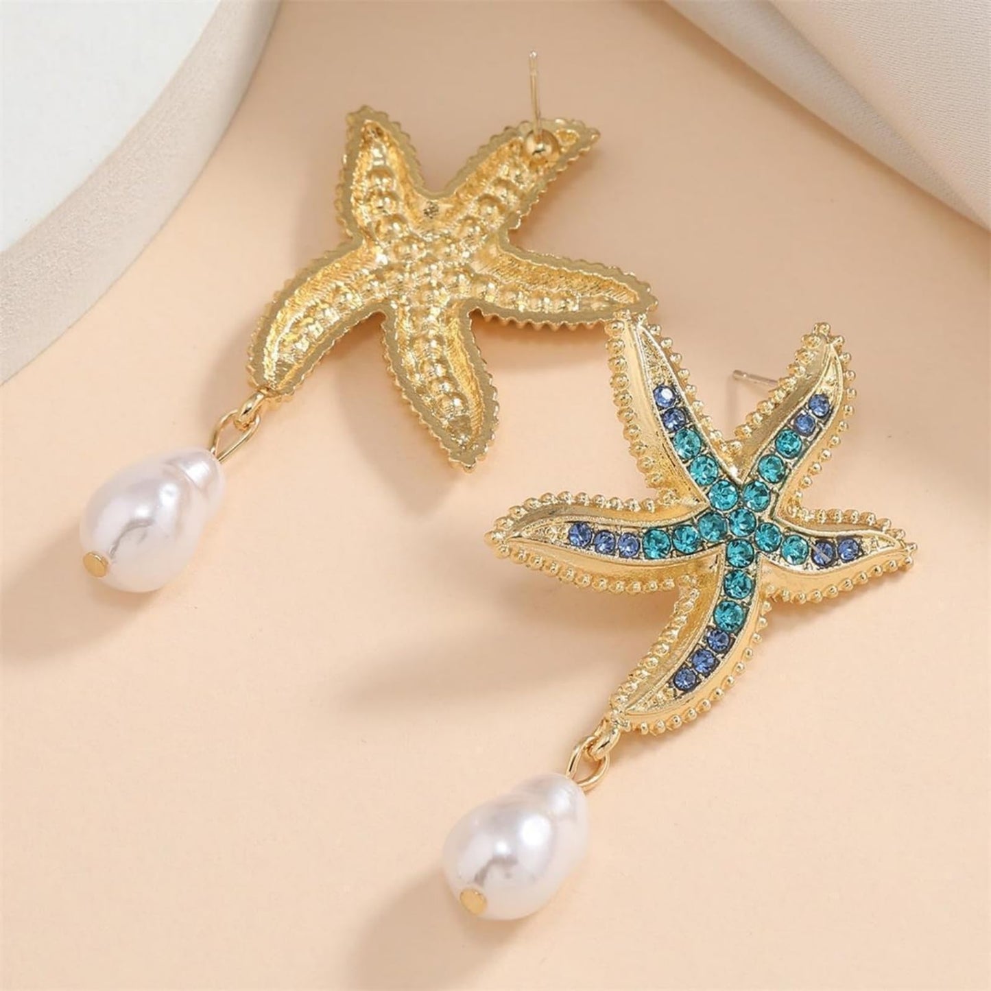 Gold Starfish Pearl Earrings for Women Vintage Charm Blue Sea Star Shell Ocean Animal Chic Crystal Rhinestone Seashell Baroque Pearls Dangle Drop Earrings for Boho Summer Beach Party Holiday Jewelry (Blue starfish)