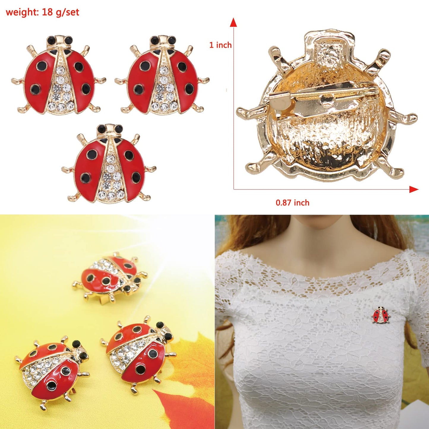3 Pack Cute Ladybug Brooch Pin Set Enamel Crystal Insect Animal Lapel Brooches Novelty Funny Pins Badges for Women Girls Boys Clothing Bags Backpacks Jackets Hat (Style 7)