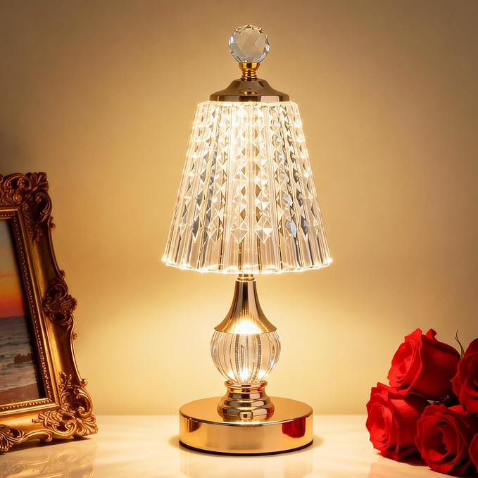 Vintage Gold Crystal Rechargeable Lamp Cordless, LED Touch Battery Operated Table Lamp, 3 Colors Dimmable Portable, Modern Home Decor, Bedroom, Bedside, Living Room, Kitchen, Diamond