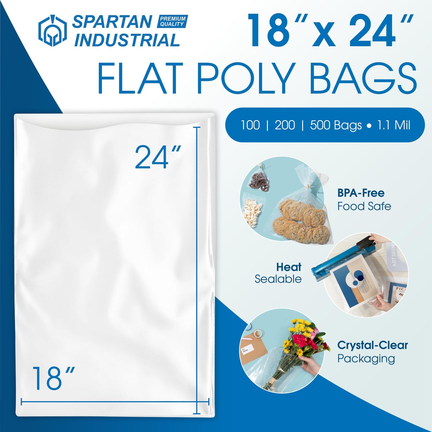 18" X 24" Open-End Flat Poly Bags (500 Count) - 1.1 Mil Clear Plastic Bags for Packaging, Shipping, Storage - No Adhesive Strip - Spartan Industrial