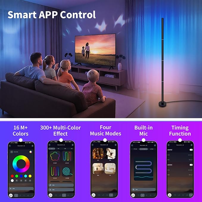 Corner Floor Lamp,RGB LED Corner Lamp with App and Remote Control,Smart Modern Floor Lamp with 16 Million Colors & 68+ Scene,Music Sync,Timer Setting,Standing Lamp for Living Room,Gaming Room