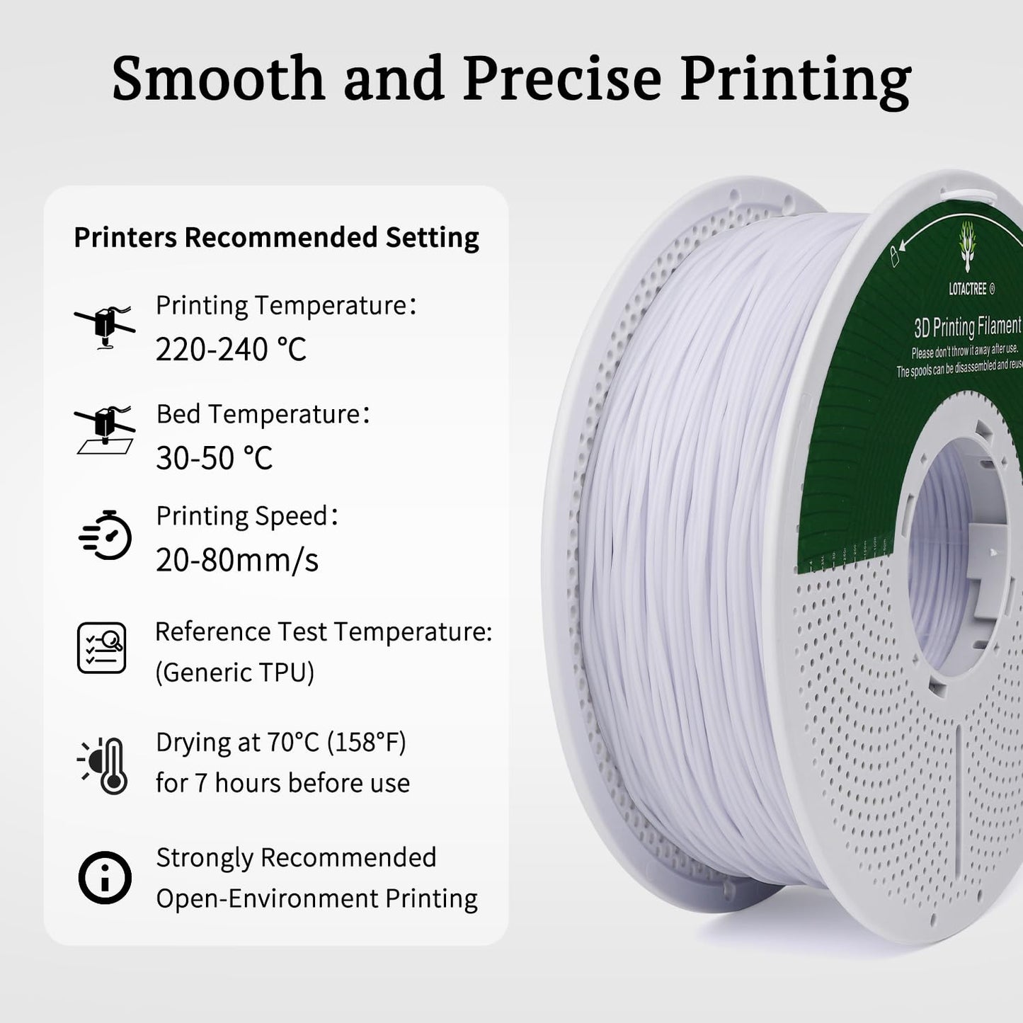 LOTACTREE White TPU Filament 1.75mm, 95A Rubber-Like 3D Printer Filament, Flexible TPU Filament Accuracy +/-0.03mm, 1KG (2.2lb)
