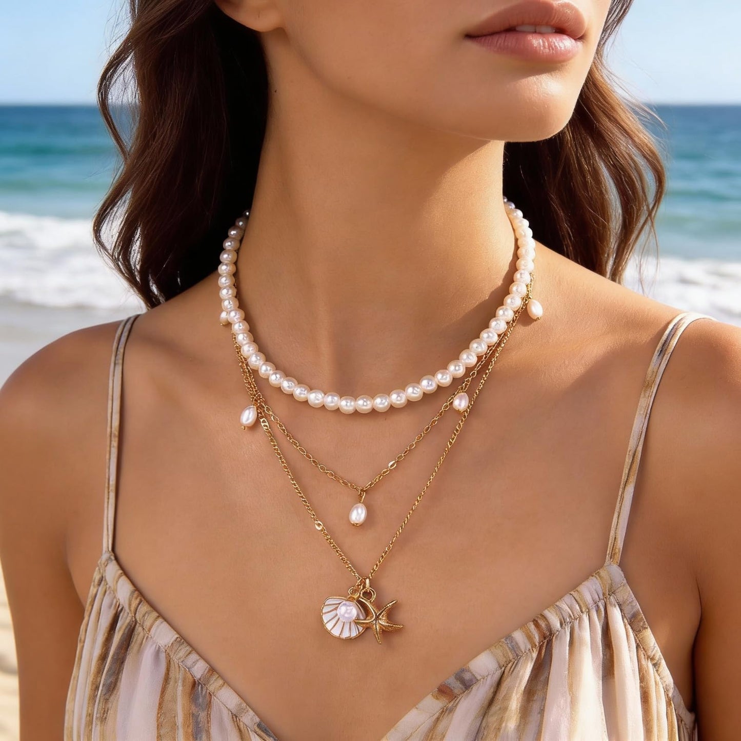 KummerSaprk Seashell Necklace Summer Vacation Jewelry for Women Gold Beachy Necklace Stack Starfish Flower Cowrie Sea Shell Pendant Necklaces Summer Essentials Accessories Gifts