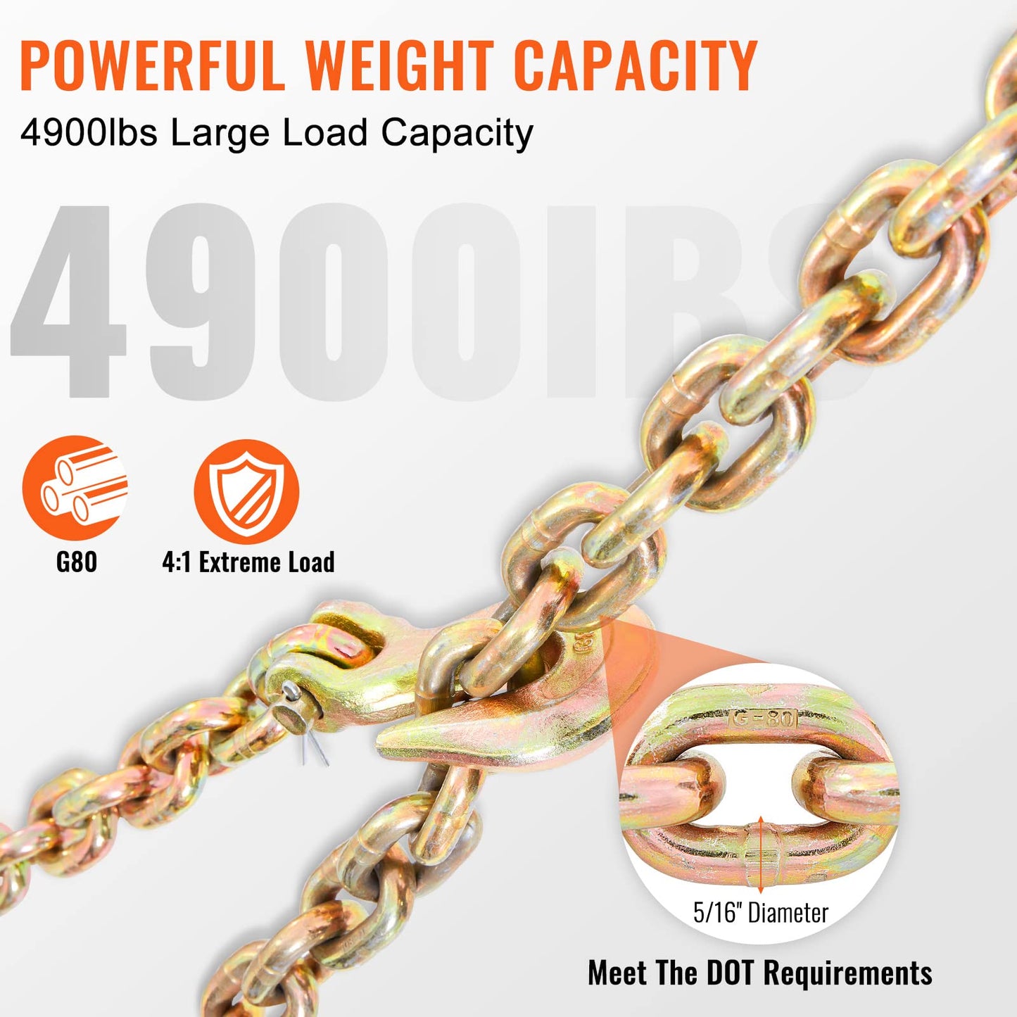 VEVOR Transport Binder Chain, 5/16''x20' Tow Chain with Grab Hooks, 4900lbs Safe Working Load, G80 Heavy Duty Chain, Logging Chain for Transporting Towing, Tie Down Binding Equipment