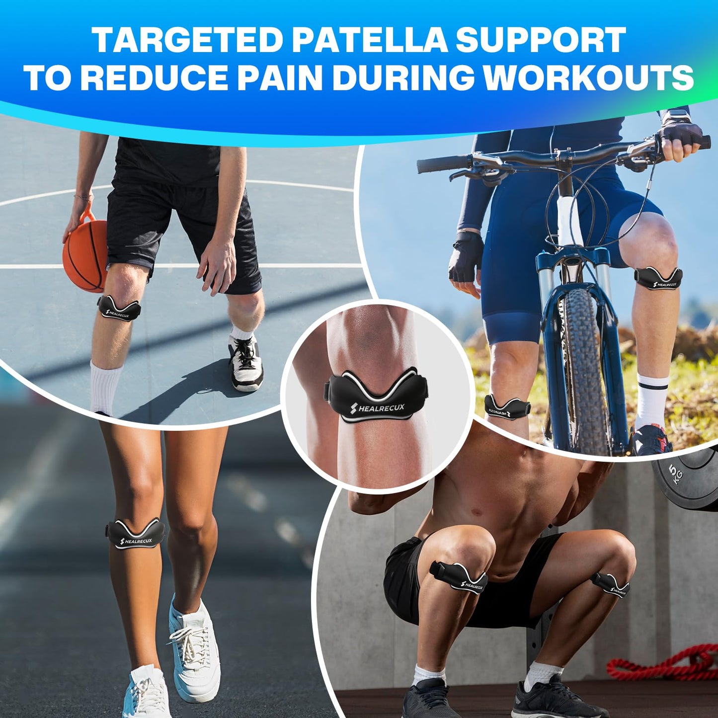 Healrecux Patellar Tendon Support Strap, Silicone Patella Knee Strap, Non-Slip Patella Band Knee Brace for Jumpers Knee, Tendonitis, Basketball, Volleyball - Black 2 Pack