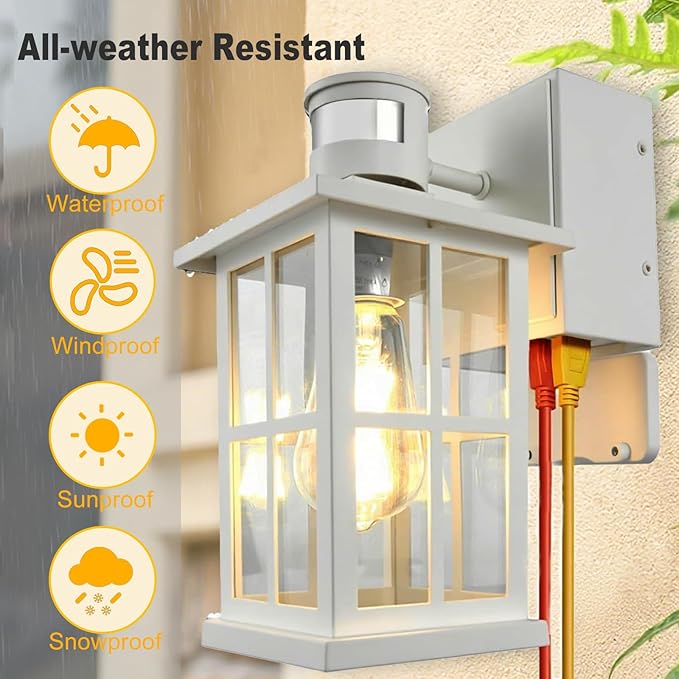 Motion Sensor Porch Lights with GFCI Outlet, Outside Dusk to Dawn Wall Mount, 3 Lighting Modes Exterior Light Fixture Waterproof, Outside Wall Lamp for House Patio Garage.(White,1 Pack)
