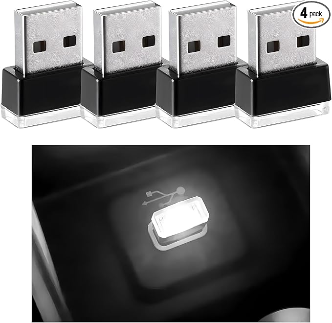 4 PCS USB LED Car Interior Atmosphere Lamp, Mini Night Light Plug-In Trunk Ambient Lighting Kit, Portable USB Interface LED Lamp Interior Decoration for Vehicle Home Office (White)