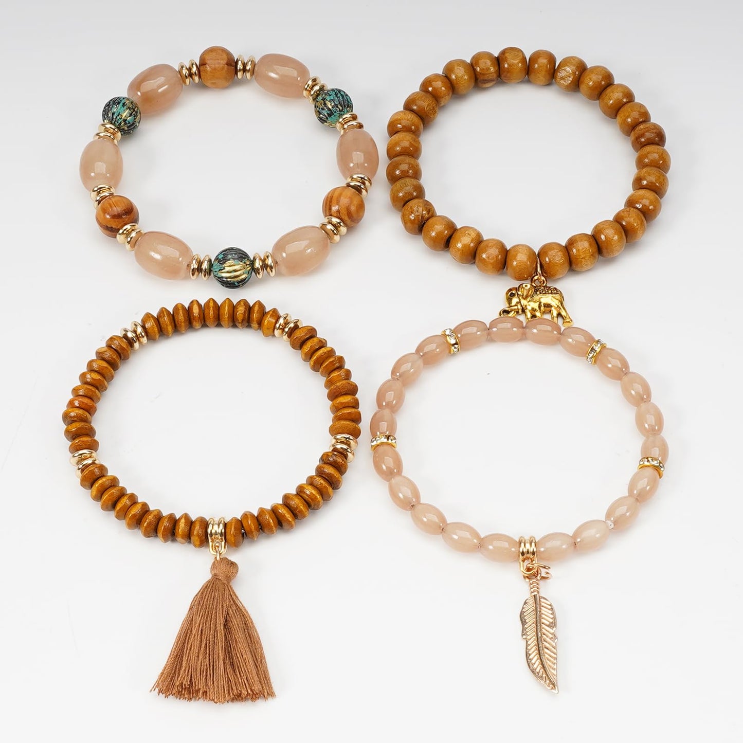 Briutn Bohemian Stackable Bracelets Boho Wood Beaded Tassel Charm Bracelet for Women Jewelry