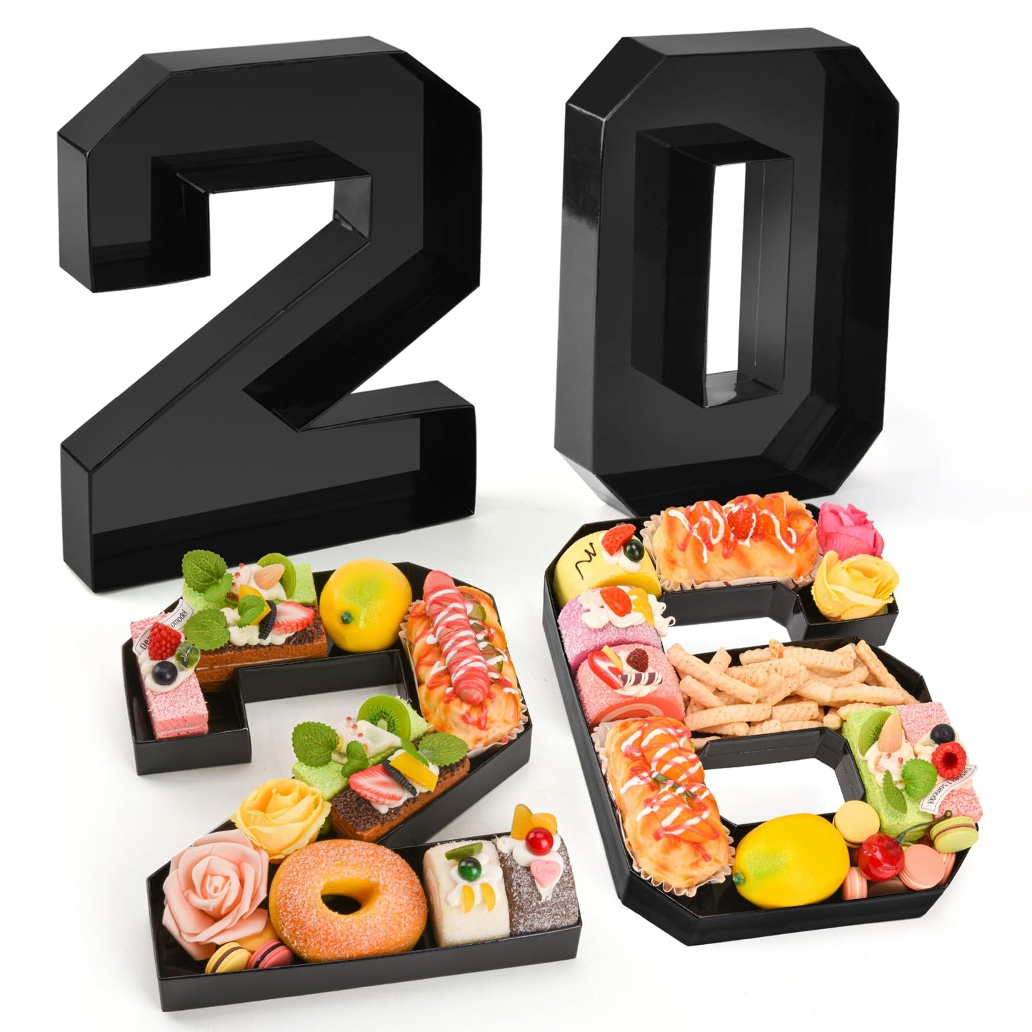 Datyiiha 2026 Set Cardboard Number for Charcuterie 10.2'' Black Fillable Tray Charcuterie Paper Box for Graduation Anniversary Birthday New Year Party Decorations Chocolate Cookies Goodie Cupcake Box