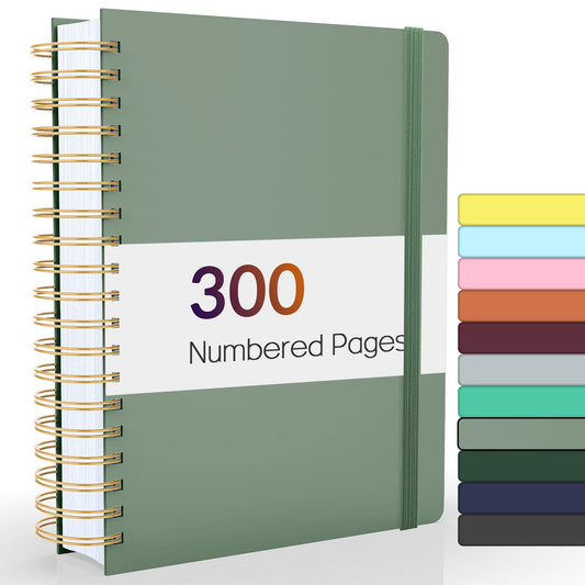 Forvencer Lined Spiral Journal Notebook with 300 Numbered Pages, B5 College Ruled Thick Journals for Writing with 100GSM Paper, Hardcover Notebooks with Contents for Work, School,olive green