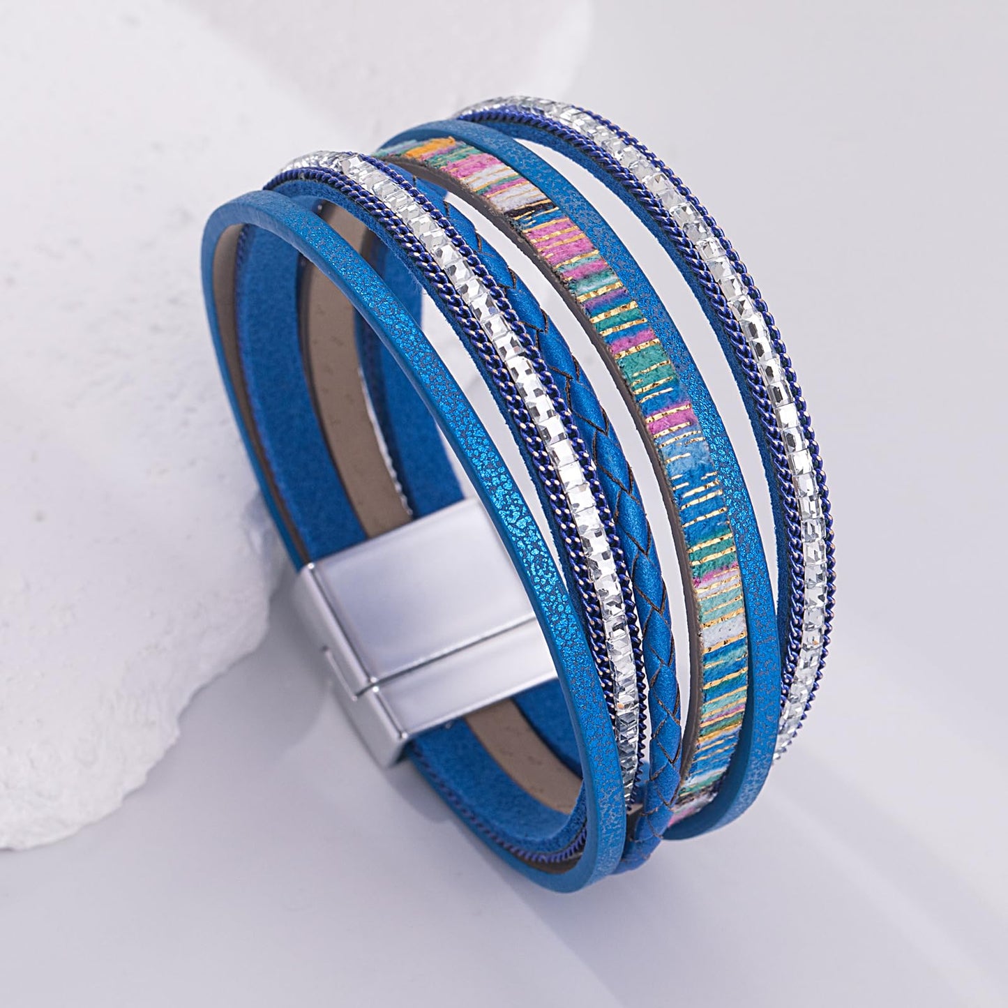 FANCY SHINY Boho Leather Wrap Bracelets Trendy Layered Bracelets with Magnetic Clasp Strackable Bohemian Cuff Jewelry Gifts for Women(Royal Blue)