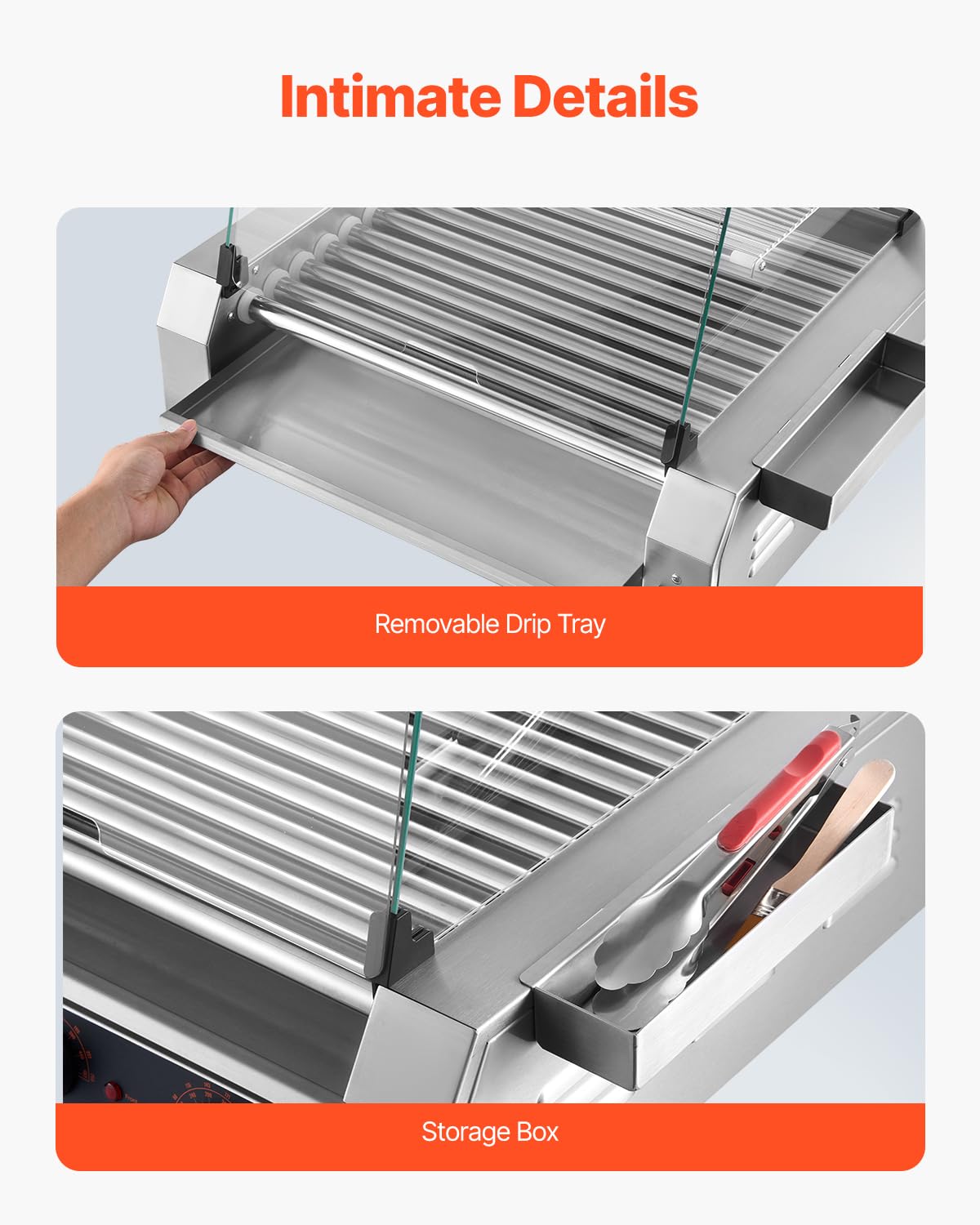 VEVOR Hot Dog Roller, 30 Hot Dog 11 Rollers, Stainless Steel Sausage Grill Cooker, 1600W Commercial Hot Dog Machine with Dual Temp Control, Cover, Side Storage Box, Removable Shelf & Oil Drip Tray
