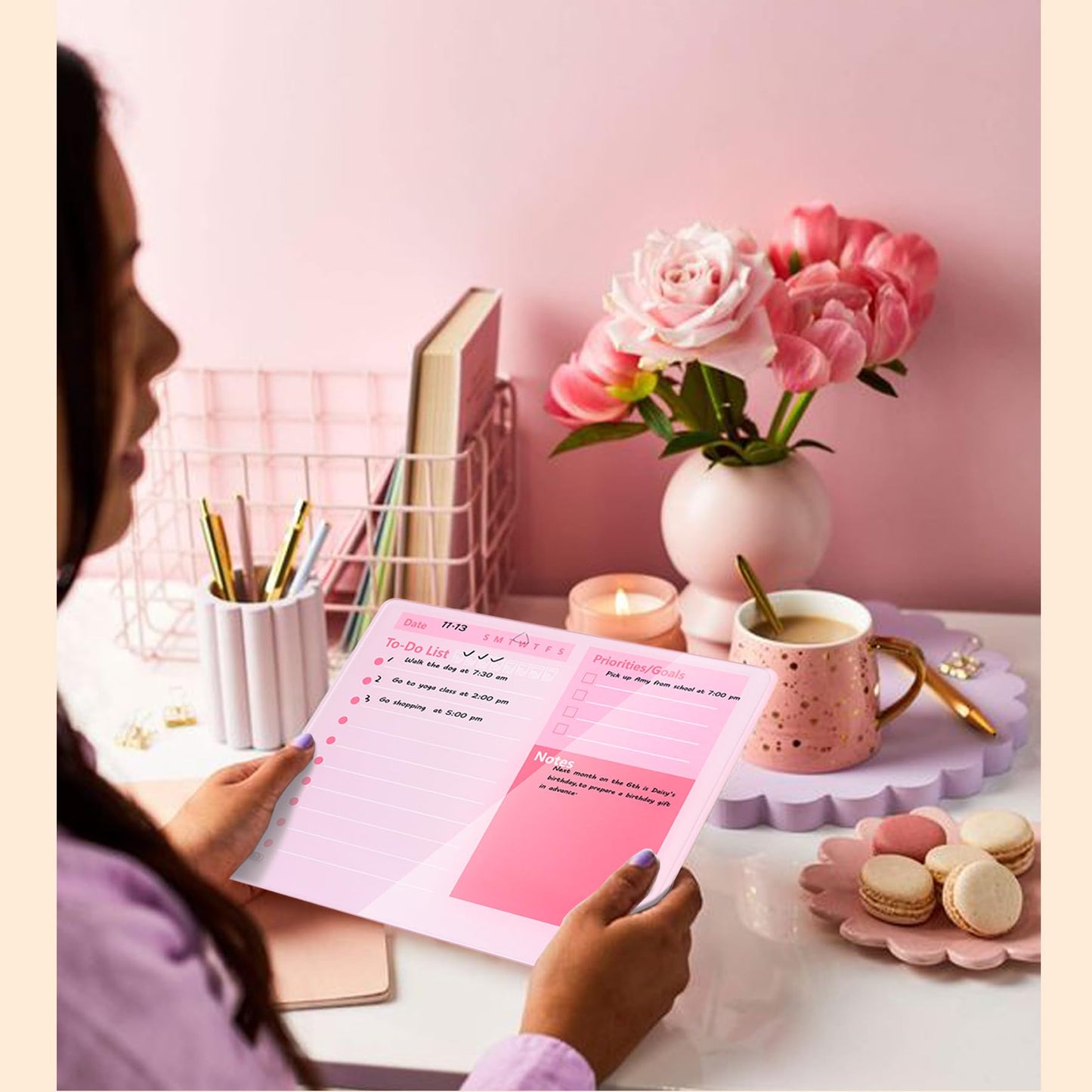 Desktop Thickened Acrylic Dry Erase Board to do List Planner Board，12"x10"，Tabletop Whiteboard with Stand，Frameless Pink Dry Erase White Board，for Office/Home/School