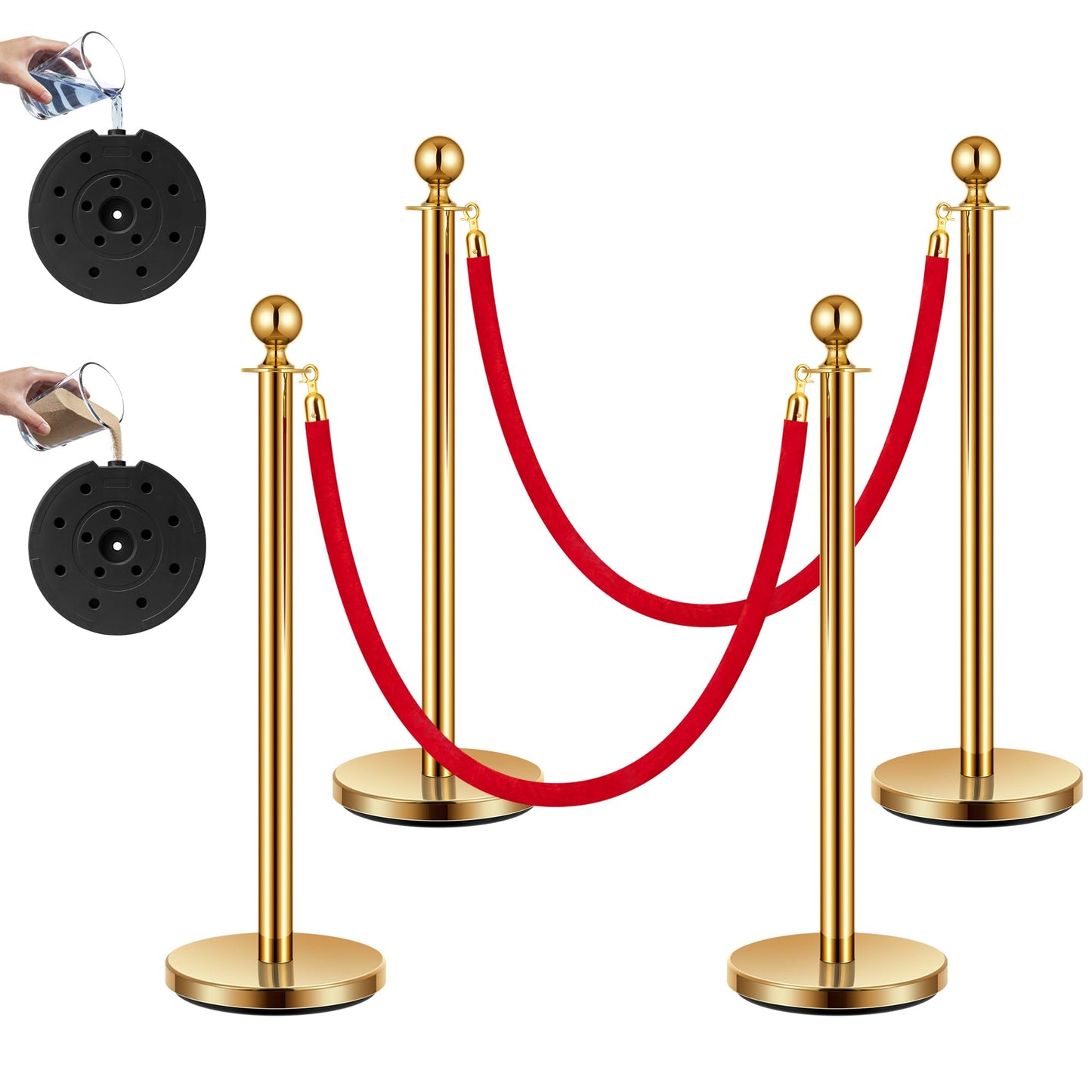 VIVOHOME Stanchions and Velvet Ropes 4PCS, Water-Fillable Base with Stainless Steel Post, 5 Feet Velvet Ropes and Posts, Crowd Control Barriers, Red Carpet Runner Poles for Party Supplies