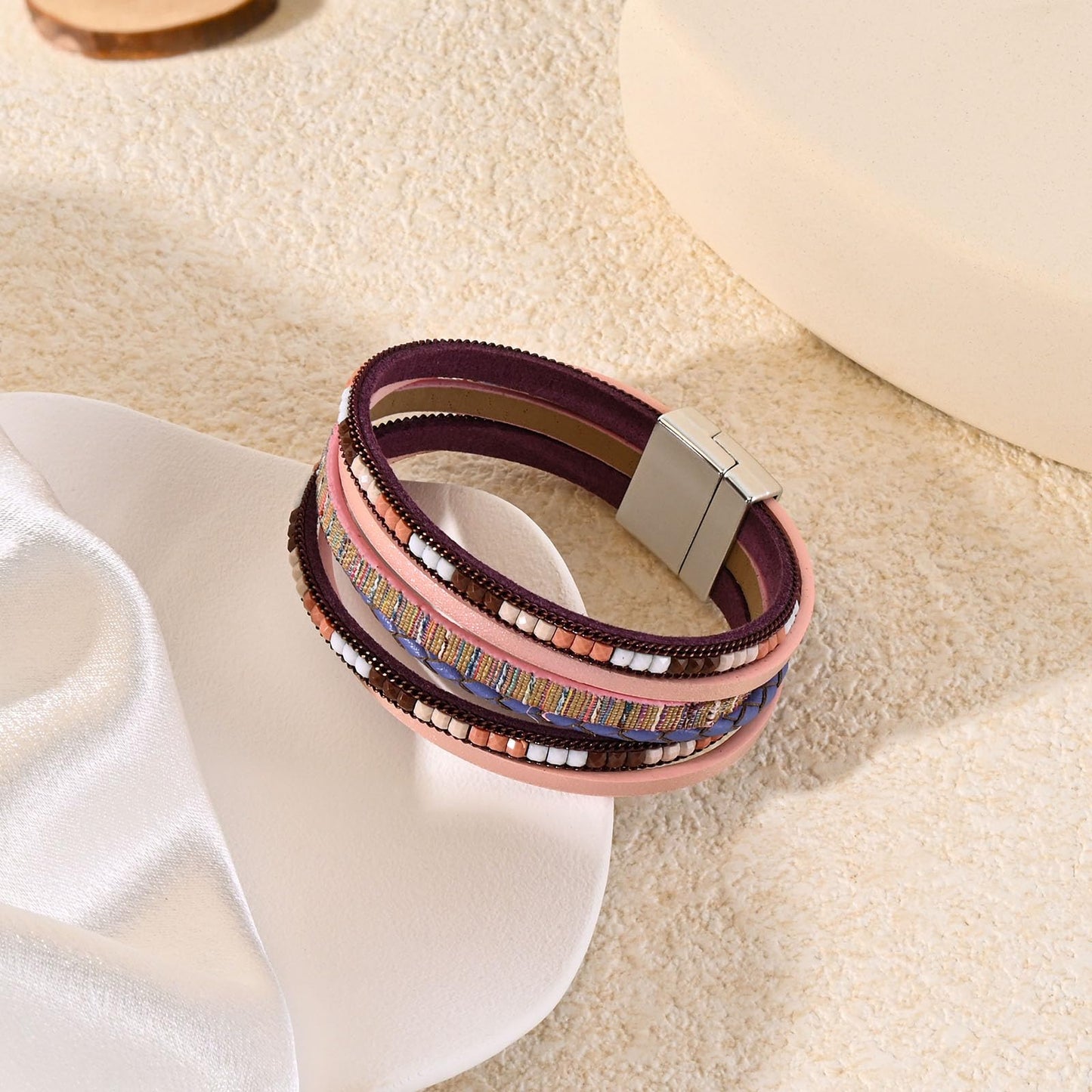 VIBILIA Boho Leather Wrap Bracelets for Women Trendy Layered Multi-Layer Bracelets with Strong Clasp Jewelry for Women - Purple