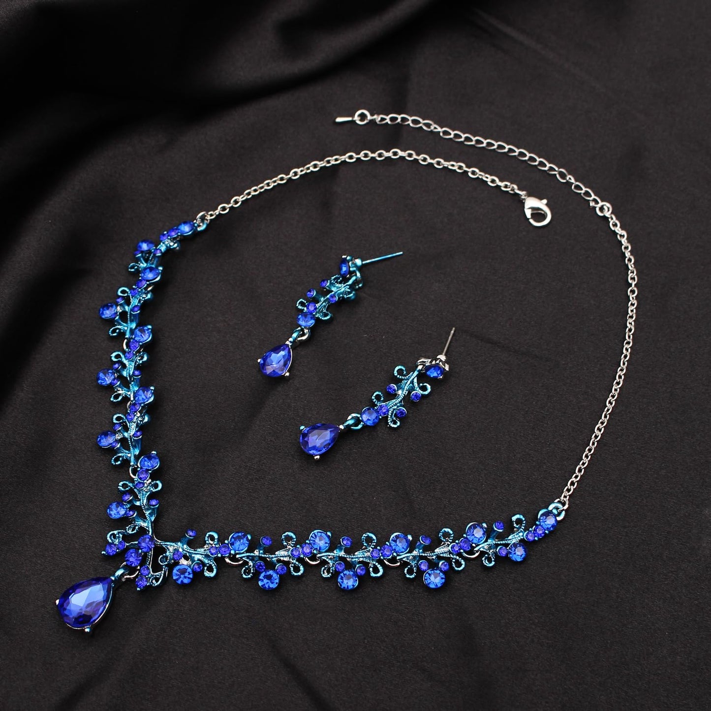 3Pcs Austrian Crystal Jewelry Set for Women, Necklace Dangle Earrings Link Bracelet Jewelry Set with Gold/Platinum/Gun Plated, Wedding Party Jewelry for Bridal Bridesmaid (Deep Blue-Platinum Plated)