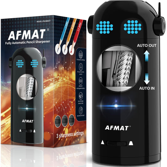 AFMAT Electric Pencil Sharpener, Fully Automatic Colored Pencil Sharpener for 7-11.5mm Pencils, Auto in & Out, Robot Pencil Sharpeners for Kids, Rechargeable Hands-Free with Dotted Eyes, PSX5ET, Black